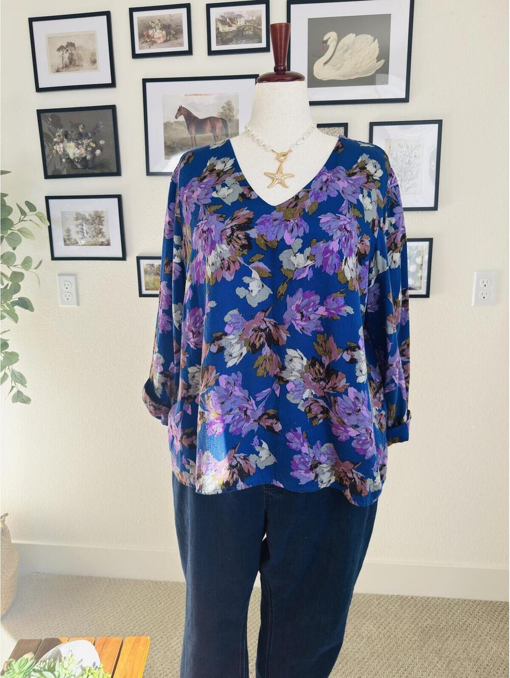 J.Jill Blue Floral V-Neck Blouse - Size XL